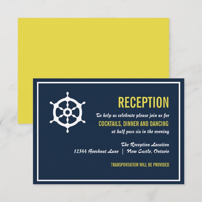 Navy and Yellow Nautical Wedding Reception Card (Front/Back)