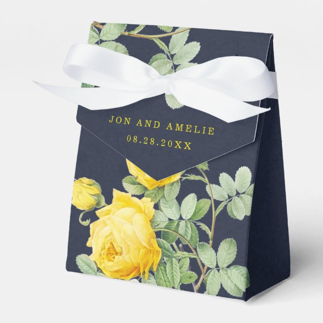 Navy and Yellow Rose Romantic Wedding Favour Box (Front Side)