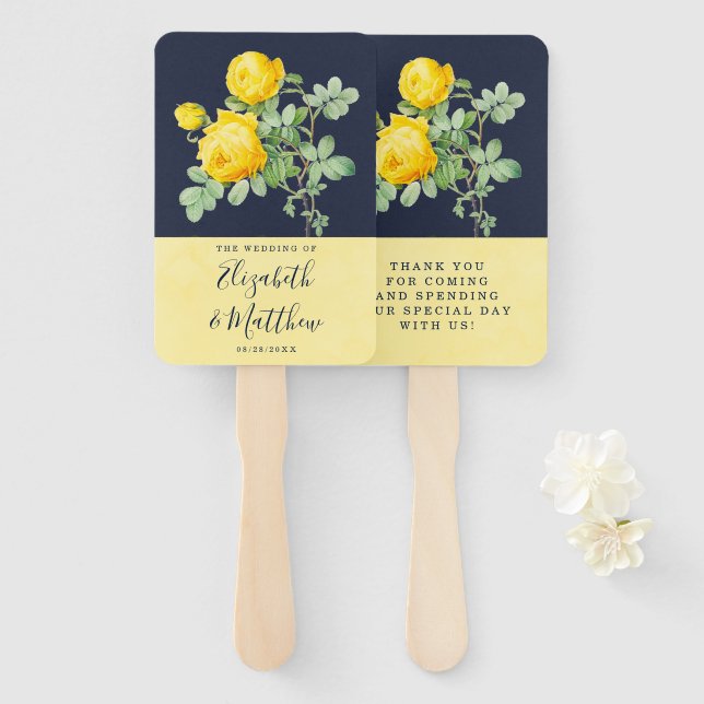 Navy and Yellow Rose Romantic Wedding Hand Fan (Front and Back)