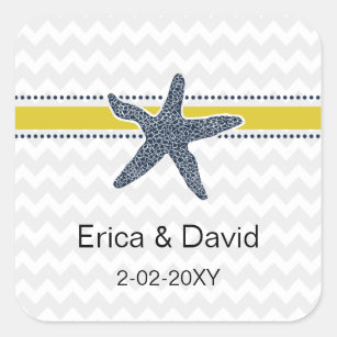 Navy and Yellow Starfish Beach Wedding Stationery Square Sticker