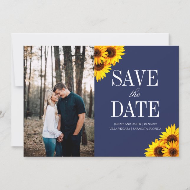 Navy and Yellow Sunflowers Save the Date (Front)