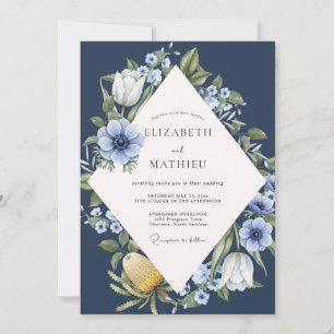Navy Anemone Foliage Wedding Invitation