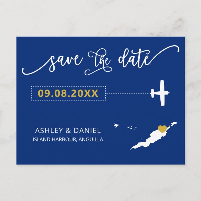 Navy Anguilla Wedding Save the Date Map Postcard (Front)