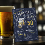 Navy Any Age Cheers And Beers Surprise Birthday Invitation<br><div class="desc">Stylish cheers and beers to 50 years typography design in navy blue,  yellow and white,  Custom it with your own party information,  fun and unique,  great for surprise any age adult birthday invitation for men,  or anniversary party invitations for any occasion.</div>