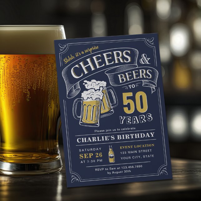 Navy Any Age Cheers And Beers Surprise Birthday Invitation (Navy Any Age Cheers And Beers Surprise Birthday Invitation)