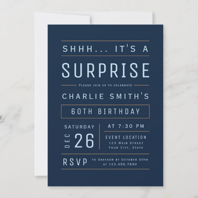Navy Any Age Modern Typography Surprise Birthday Invitation (Front)