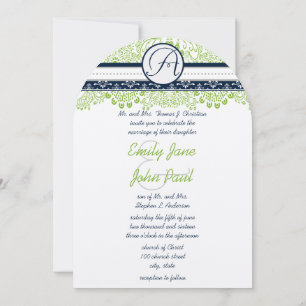 Navy Apple Green Grey Love Birds Wedding Invites