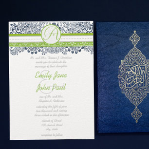 Navy Apple Green Grey Love Birds Wedding Invites