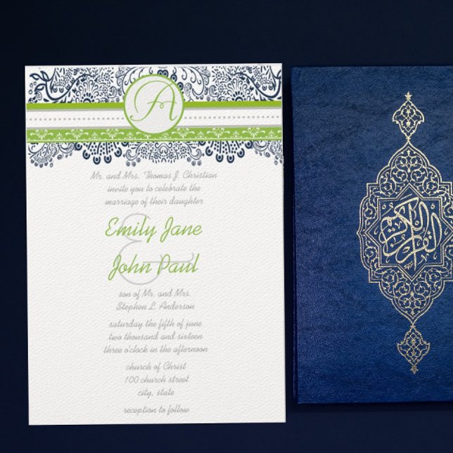 Navy Apple Green Grey Love Birds Wedding Invites (Creator Uploaded)