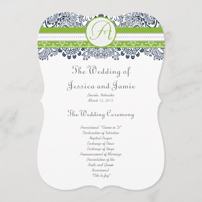 Navy Apple Green Grey Love Birds Wedding Programs Programme (Front)