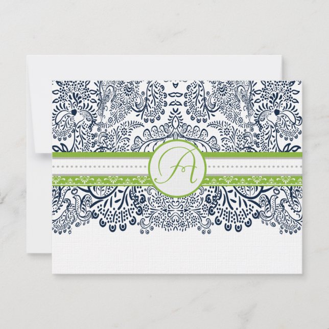 Navy Apple Green Grey Love Birds Wedding RSVP (Front)