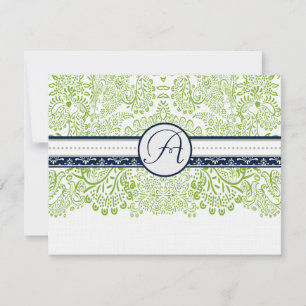 Navy Apple Green Grey Love Birds Wedding RSVP Card