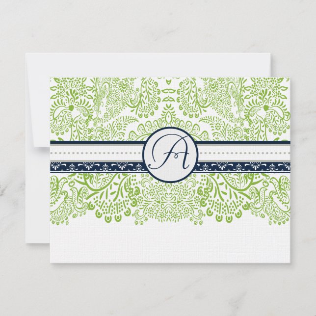 Navy Apple Green Grey Love Birds Wedding RSVP Card (Front)