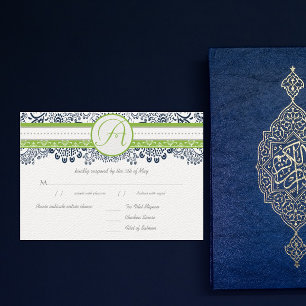 Navy Apple Green Grey Love Birds Wedding RSVP Card