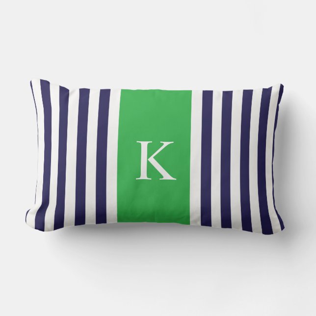 Navy Apple Green Stripes Monogram Lumbar Cushion (Front)
