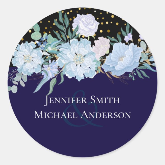 Navy Aqua Blue Floral Wedding Budget Classic Round Sticker (Front)