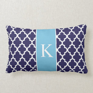 Navy Aqua Blue Moroccan Custom Monogram Lumbar Cushion