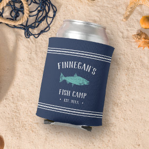 Navy & Aqua Rustic Fishing Cabin Personalised Can Cooler