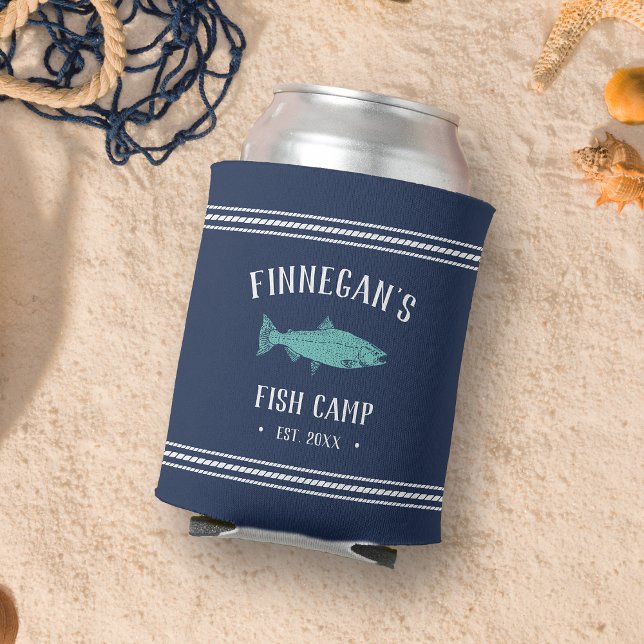 Navy & Aqua Rustic Fishing Cabin Personalised Can Cooler (Creator Uploaded)