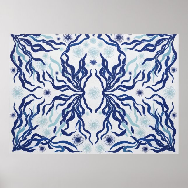 Navy Aqua Seaweed Botanical Symmetry Poster (Front)