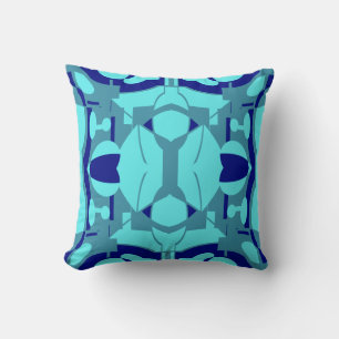 Navy Aqua Slate Abstract Symmetrical Floral Motif  Cushion