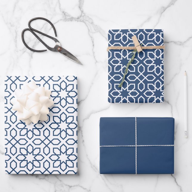 Navy Arabic Geometric Pattern Wrapping Paper Sheet (Front)