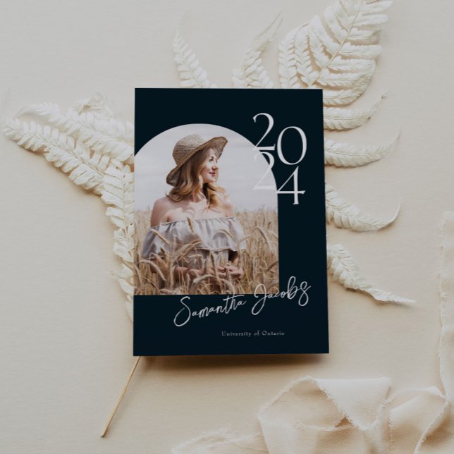 Navy Arch Modern Minimalist Photo Graduation Party Invitation (Creator Uploaded)