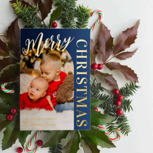 Navy Arch Shaped Photo Merry Christmas Gold (Creator Uploaded)