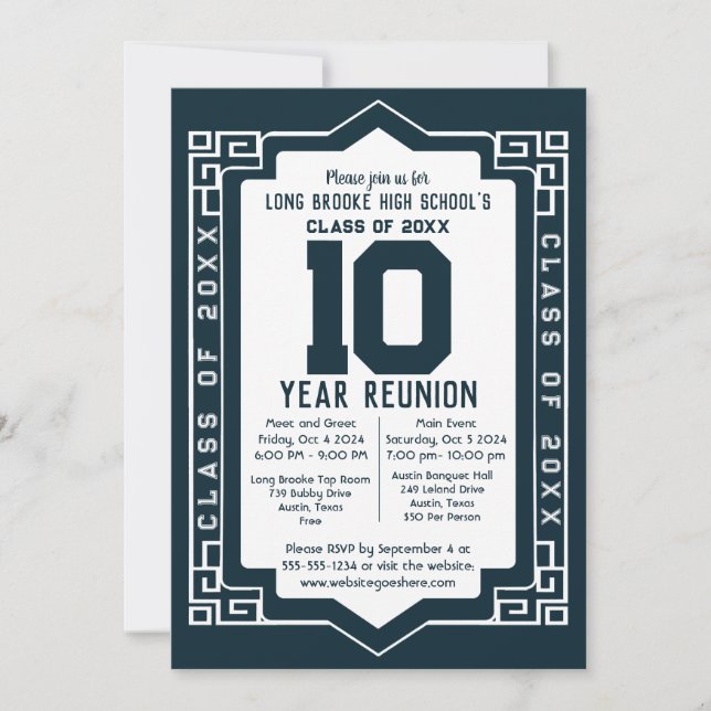 Navy Art Deco 10 Year High School Class Reunion Invitation (Front)