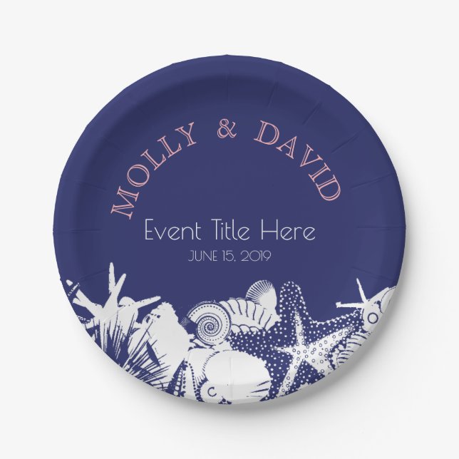 Navy Artsy Beach Seashells Personalised Party Paper Plate (Front)
