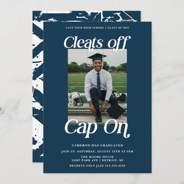 Navy Athlete Graduation Cleats off Cap On Invitation (Front/Back)