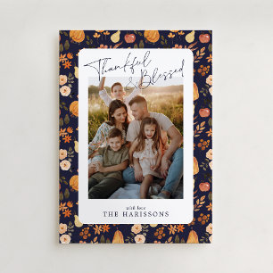 Navy autumn patterned Thanksgiving photo card