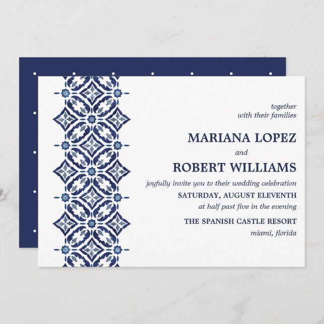 Navy Azulejo | Spanish Tile Border Wedding Invitation (Front/Back)