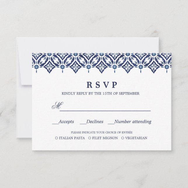 Navy Azulejo | Spanish  WEDDING RSVP MEAL CHOICE (Front)