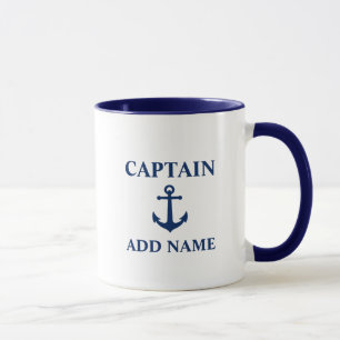 Navy B Anchor Blue Captain Add Name Boat Name BW Mug