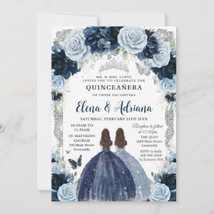 Navy Baby Blue Floral Silver Twins Quinceanera 16 Invitation
