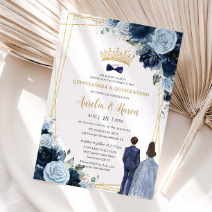 Navy Baby Blue Floral Twins Boy Girl Quinceanera Invitation