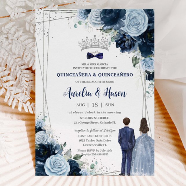 Navy Baby Blue Floral Twins Boy Girl Quinceañera Invitation (Creator Uploaded)