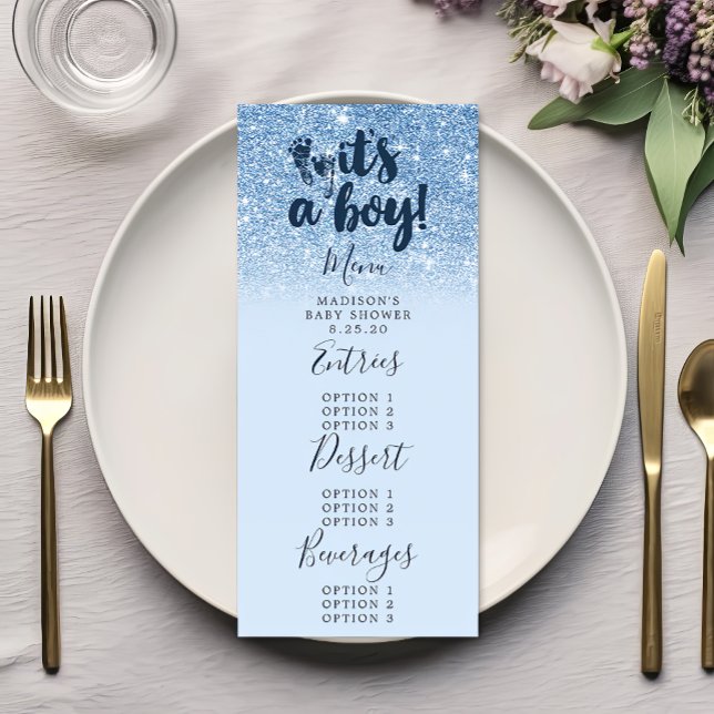 Navy Baby Blue Glitter It's A Boy Baby Shower Menu (Creator Uploaded)