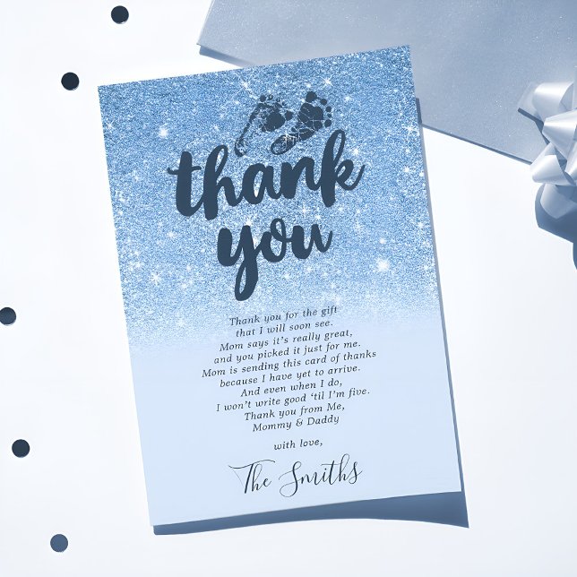 Navy Baby Blue Glitter Ombre Baby Shower Thank You Card (Creator Uploaded)