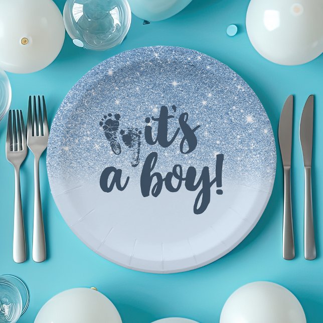 Navy Baby Blue Glitter Ombre It's A Boy Paper Plate (Creator Uploaded)