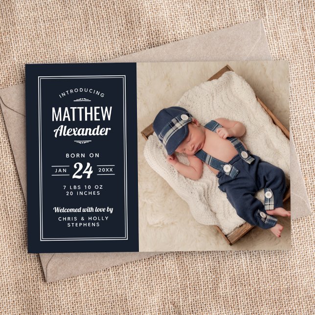 Navy Baby Boy Magnetic Photo Birth Announcement (Creator Uploaded)