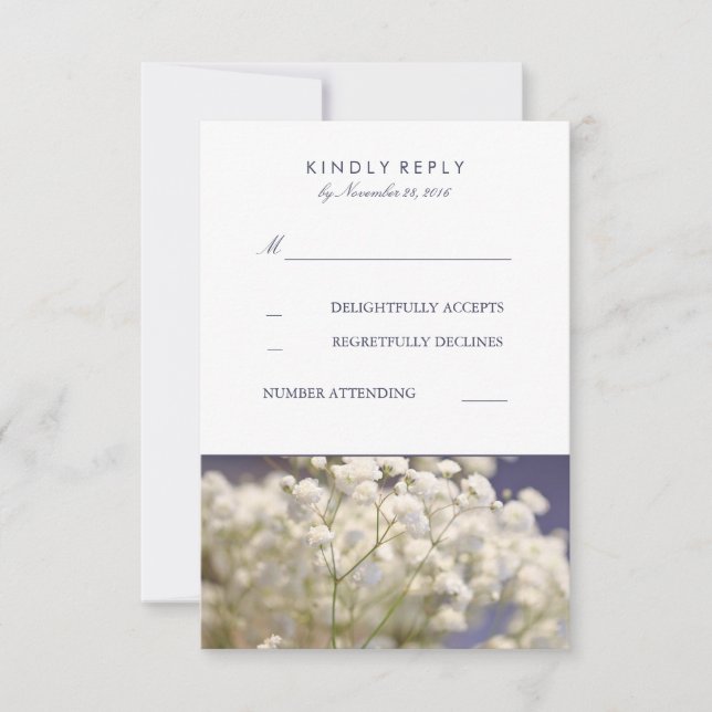 Navy Baby's Breath Wedding RSVP Cards (Front)