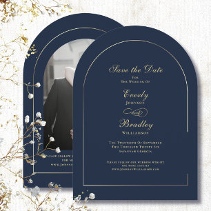 Navy Background Arch Gold Elegant Save the Date Invitation