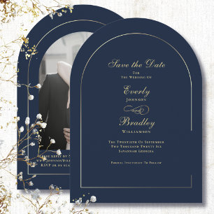Navy Background Arch Gold Elegant Save the Date Invitation