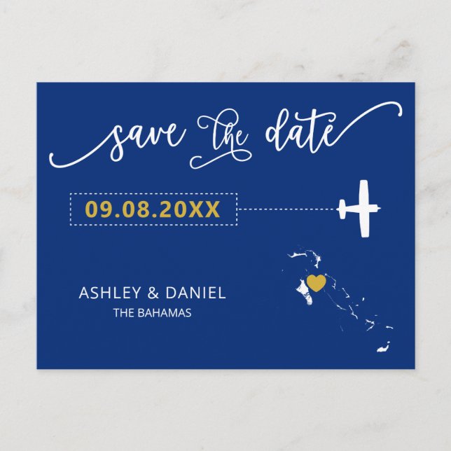 Navy Bahamas Wedding Save the Date Map Postcard (Front)