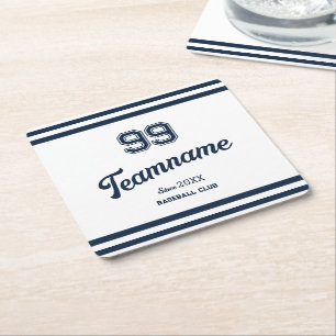 Navy Baseball Club Custom Player Number & TeamName Square Paper Coaster