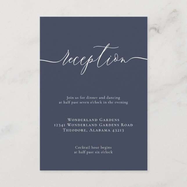 Navy Basic Details Simple Calligraphy Reception Enclosure Card (Front)