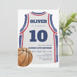 Navy Basketball Jersey Birthday Party Watercolor  Invitation