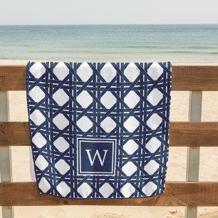 Navy Basketweave Pattern Monogram Beach Towel